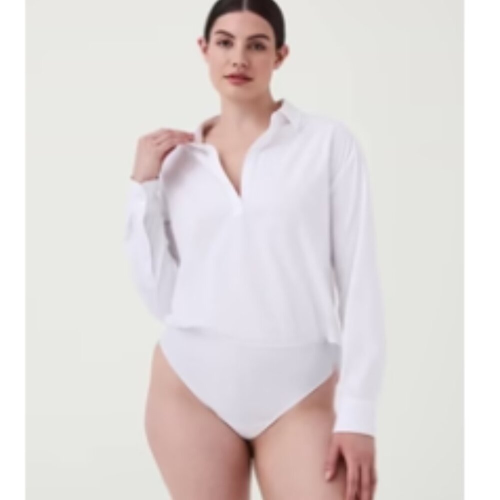 Spanx Collared Long Sleeve Bodysuit, Classic White, 1X
